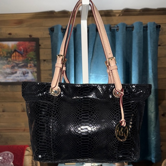 MICHAEL Michael Kors Handbags - MICHAEL Michael Kors Black Snake Print Tote with Beige Straps